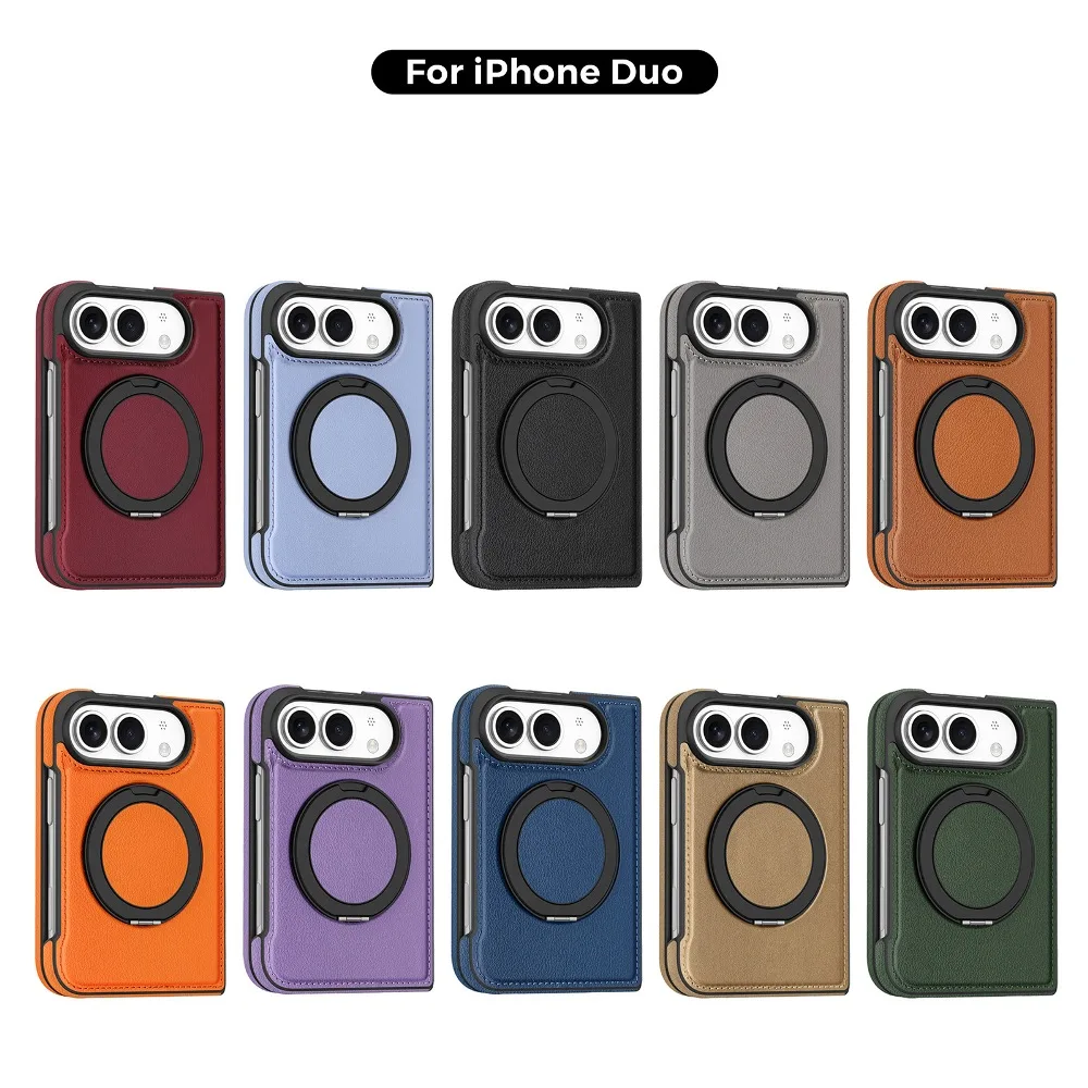 Fashion Solid Color Leather Magnetic Wireless Charging Folding Phone Cover for iPhone Duo with 360° Rotatable Ring Holder