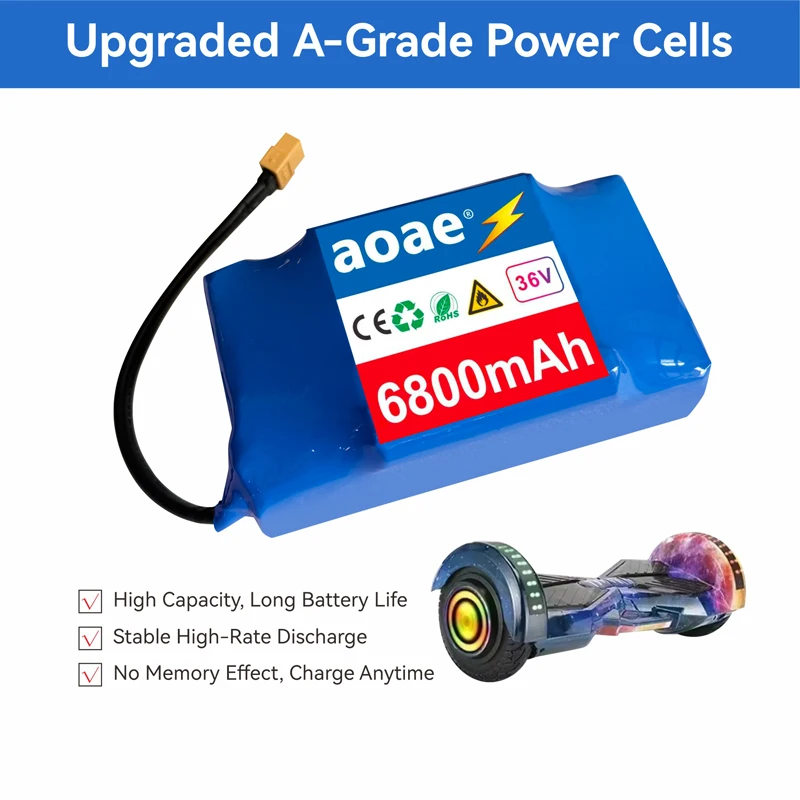 36V Lithium-Ion Battery 12Ah for Self-Balancing Scooter Hoverboard Unicycle, 18650 Grade-A Cells, Built-in BMS, XT60 Connector