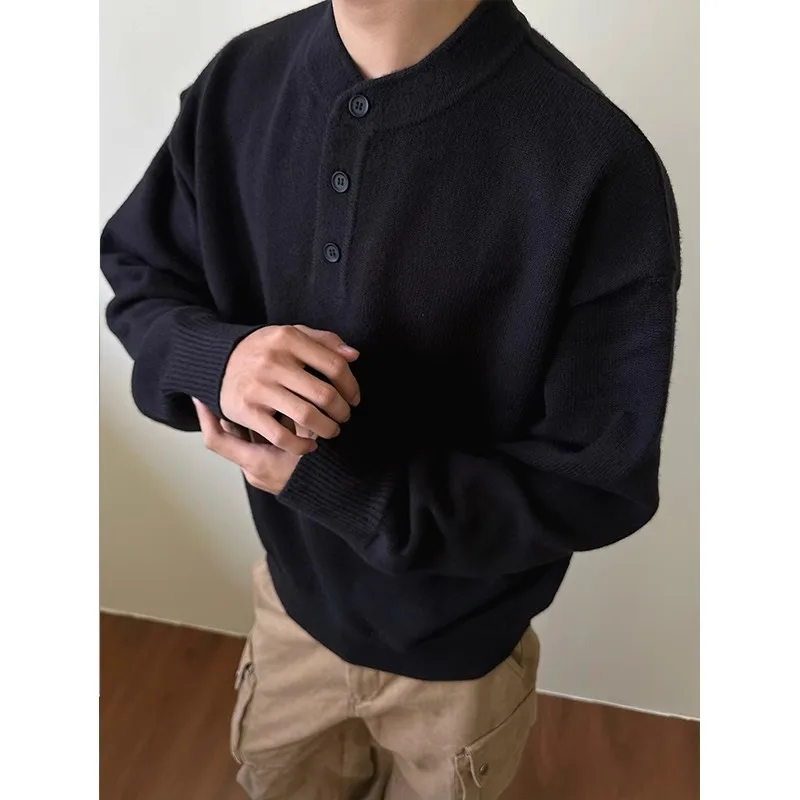 

Bla Knitted Henry Collar Sweater Men's Autumn Winter High End Feeling Overhead Inner irt American Retro Lazy Coat