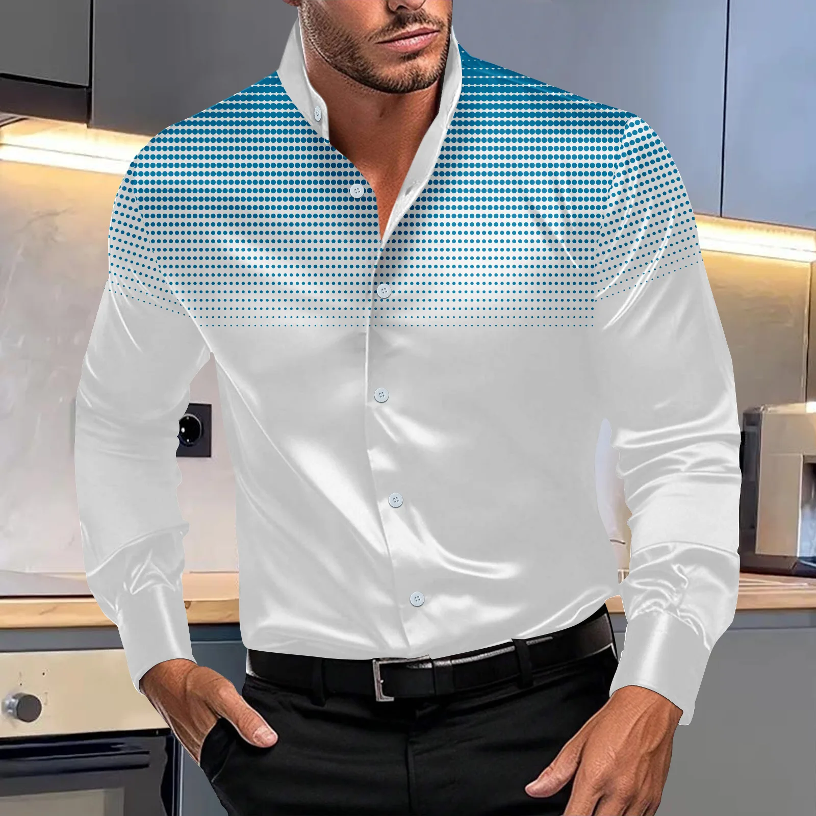 Chemise imprimée à pois élastique à quatre côtés pour hommes, col montant décontracté, manches longues, nouveau, printemps et automne, 03