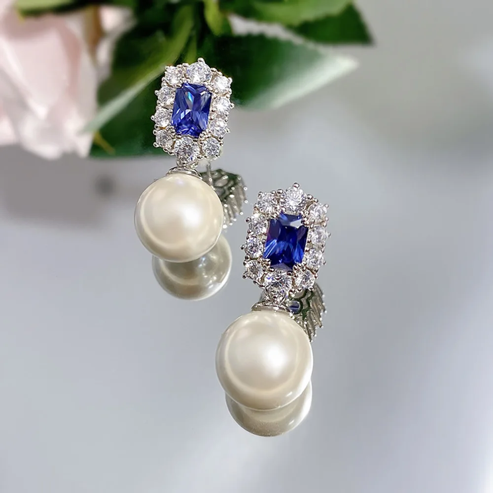 Vintage Noble 100% 925 Real Silver 12mm Pearl Sapphire Drop Earrings for Women Lab Diamond Gemstone Wedding Fine Jewelry Gifst