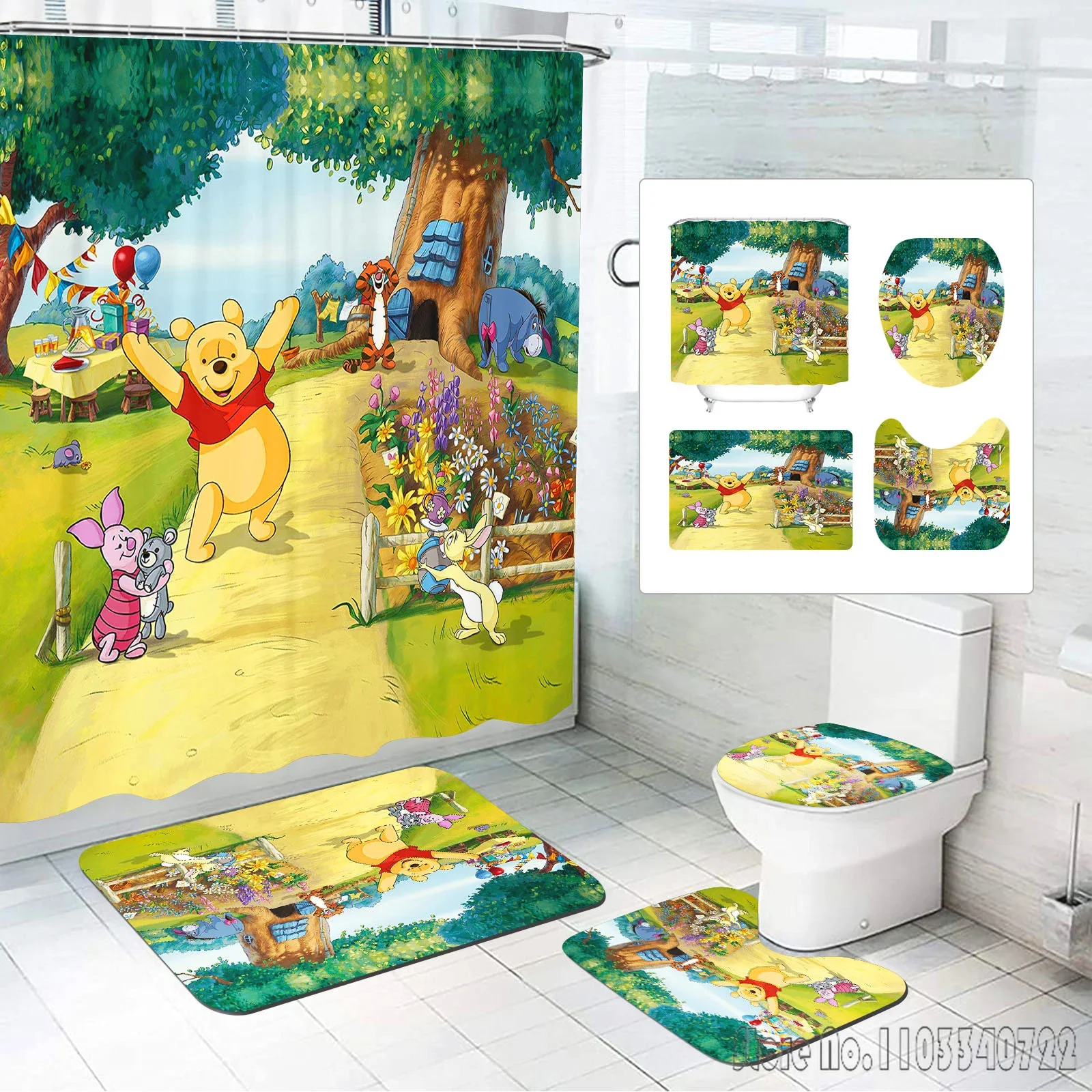 Disney Winnie Bear the Pooh Boys Cartoon Bath Shower Curtain Set 4pcs with Hooks Waterproof Bathroom Toilet Mat Lid Decor