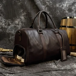 Genuine Leather Men Travel Tote Bag Soft Cowhide Leather Luggage Bags Shoulder Bag Weekend Bag