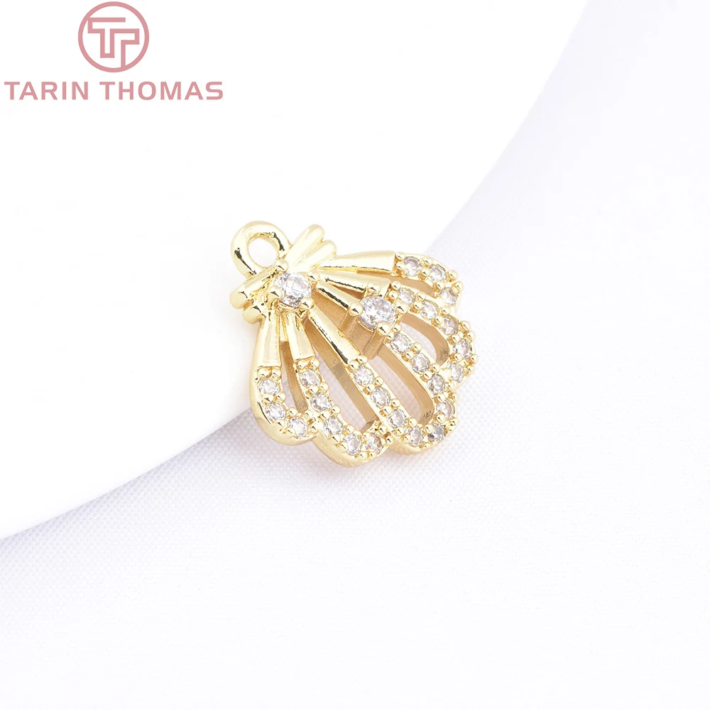 

(10182) 6PCS 15x15.5MM 18K Gold Color Brass with Zircon Shell Shaped Pendants High Quality DIY Jewelry Making Findings