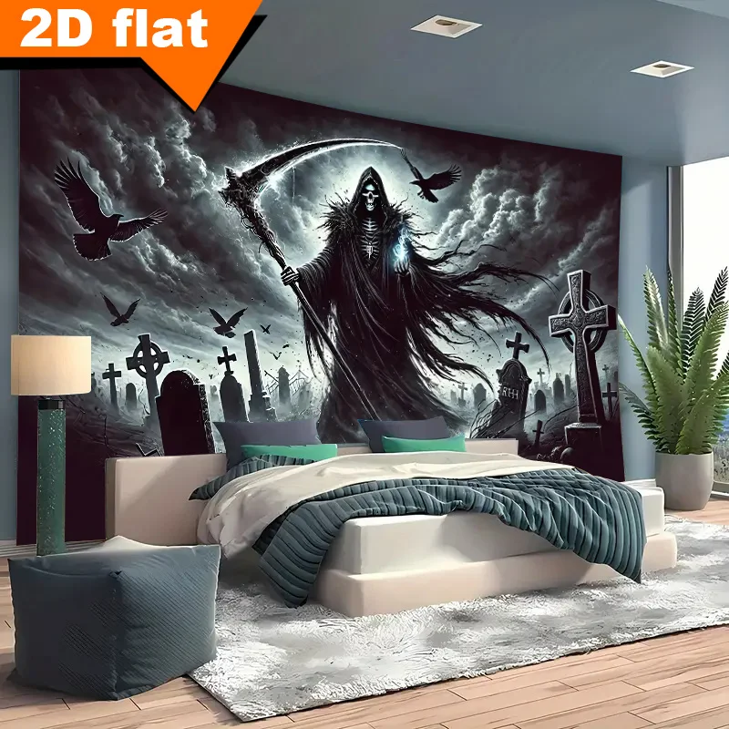 2D Flat,Grim Reaper Skeleton Graveyard Gothic Horror Tapestry Halloween Wall Art Living Room Decor Dark Fantasy Scary Background