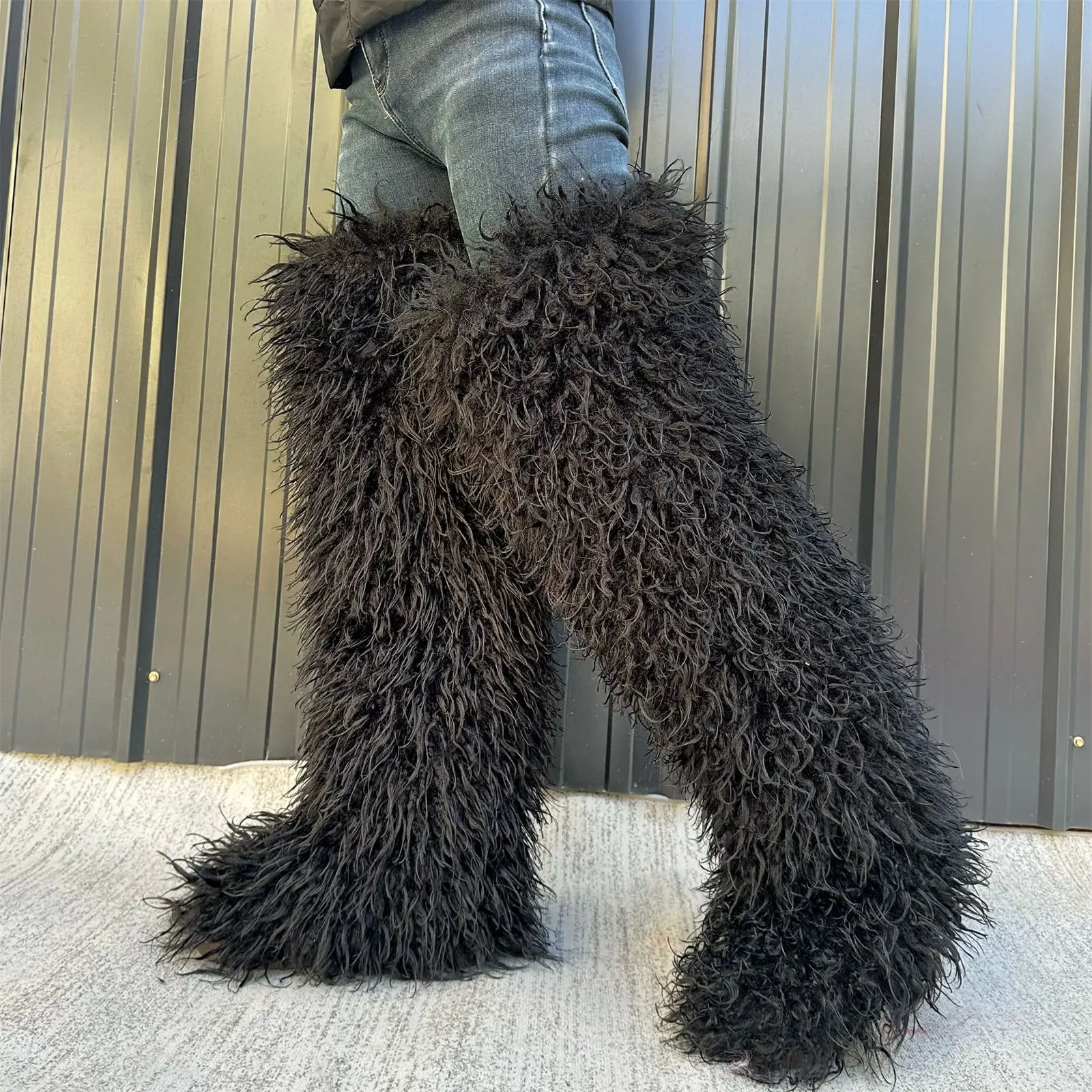 72cm Faux Sheep Fur Thigh High Snow Boots, Faux Raccoon & Fox Fur Women Over Knee Tall Plush Winter Boots