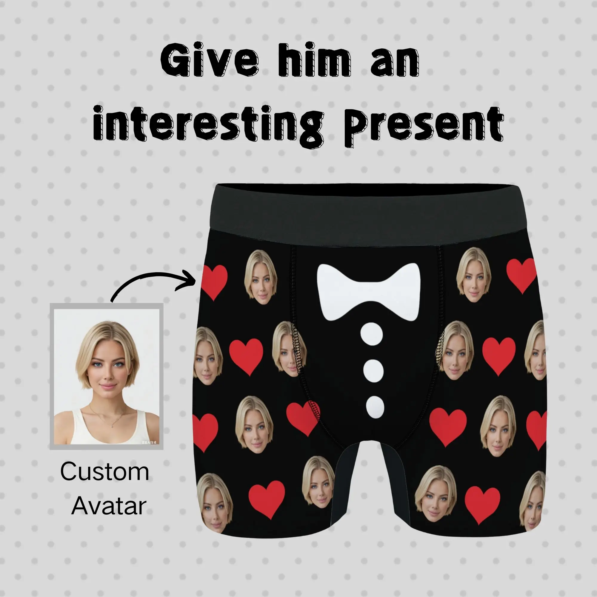 Custom Photo Men's Underwear Tuxedo Bow Tie Print Boxer Briefs Personalized Valentine's Day Anniversary Gift for Him