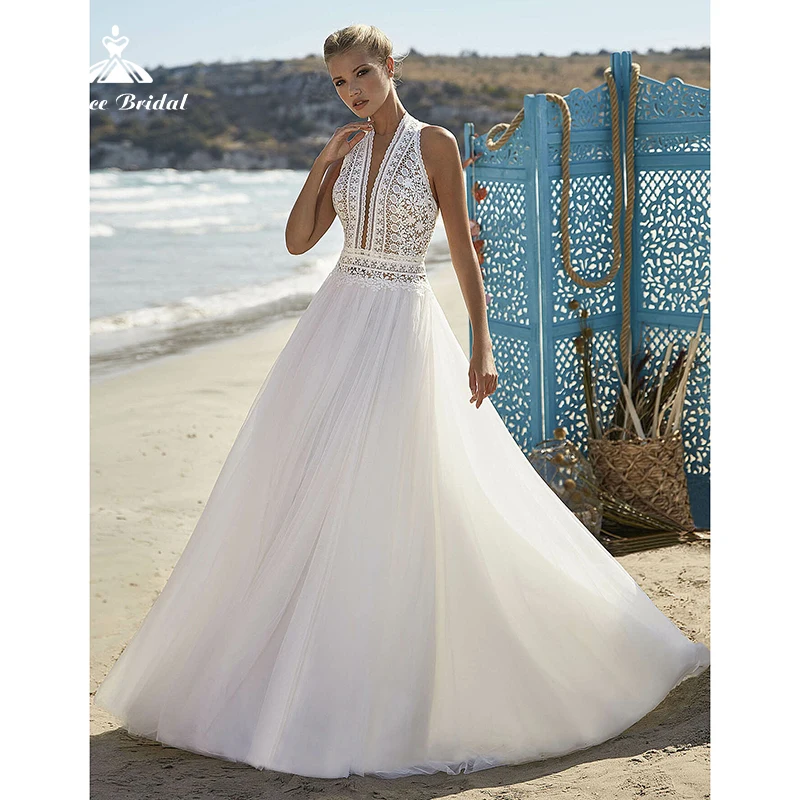 

Beach Boho Deep V-neck Halter Off the Shoulder Sexy Backless Lace Appliques A-Line Wedding Dress Netting Bridal Gowns Sweep robe