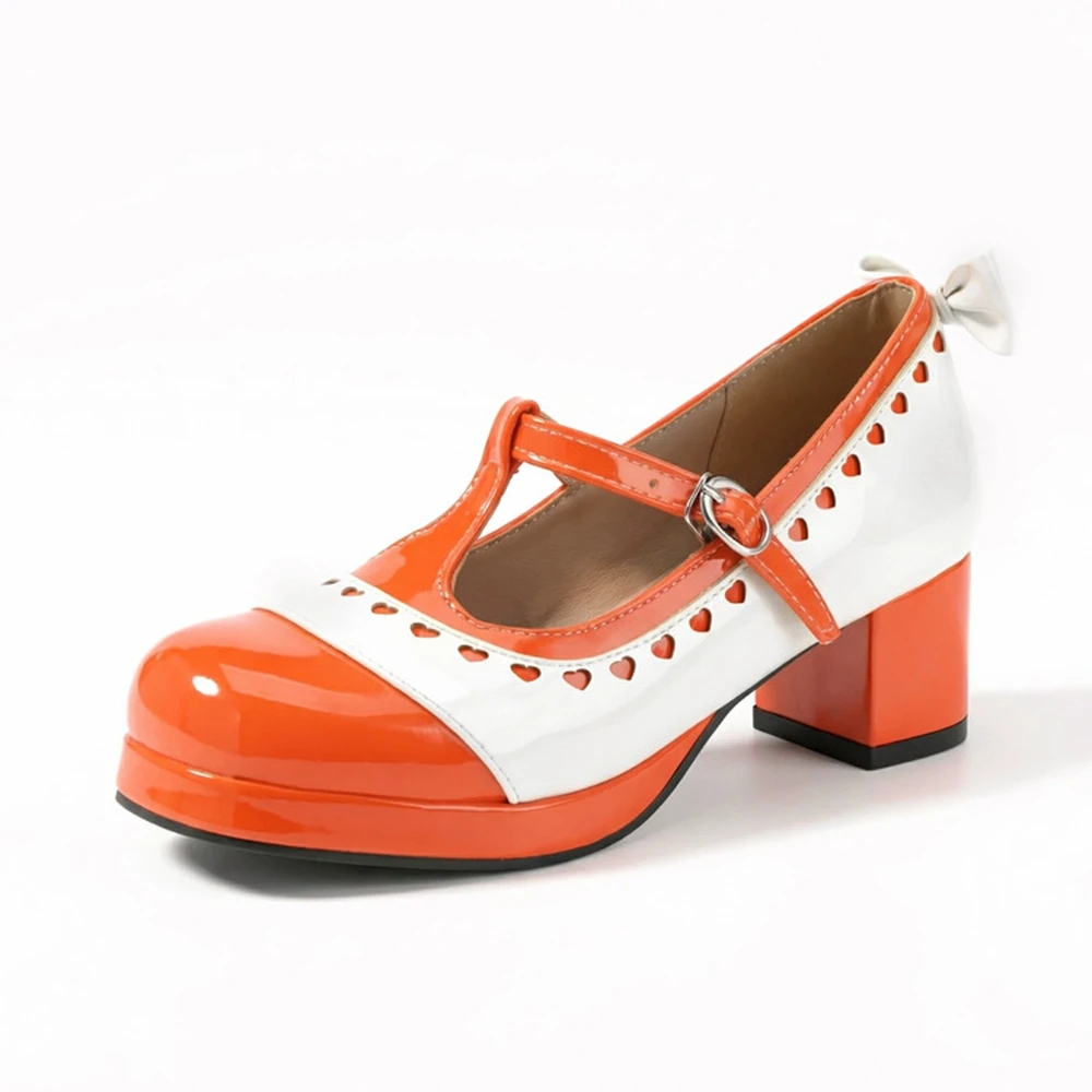 Women's T-Strap Mary Jane Platform Chunky Heels with Heart Cutout Plus Size 30-50 7 Colors Available 7776