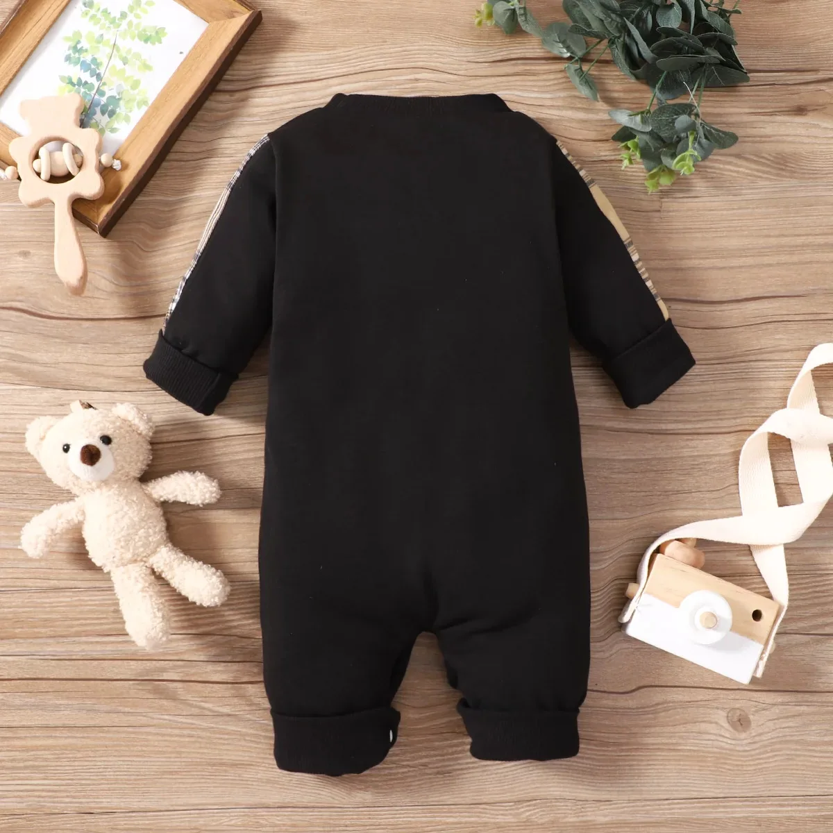 Hey Baby Spring and Autumn New Newborn Babies for Boys and Girls Plaid Patch Bear Long Sleeves Can Open One-piece Romper Clothes