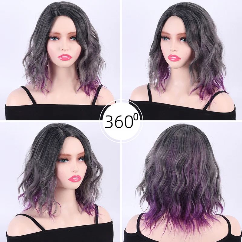 Cross border new wig European and American headband gray purple short curly hair headband