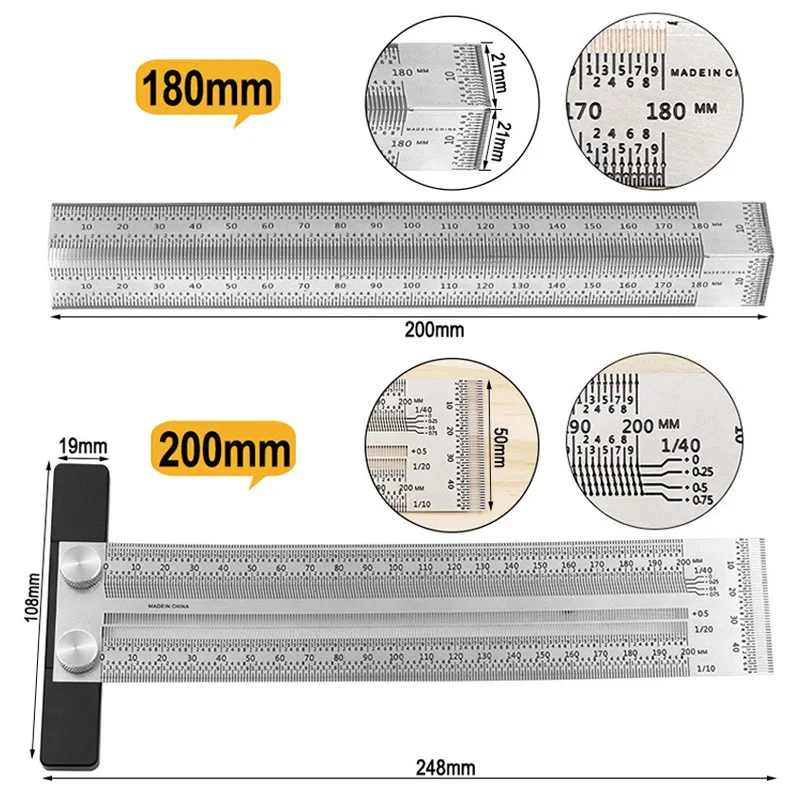 Multifunction Scale Ruler T-type Hole Ruler Stainless Steel Dash Ruler Woodworking Scale Ruler Carpenter Measuring Tool