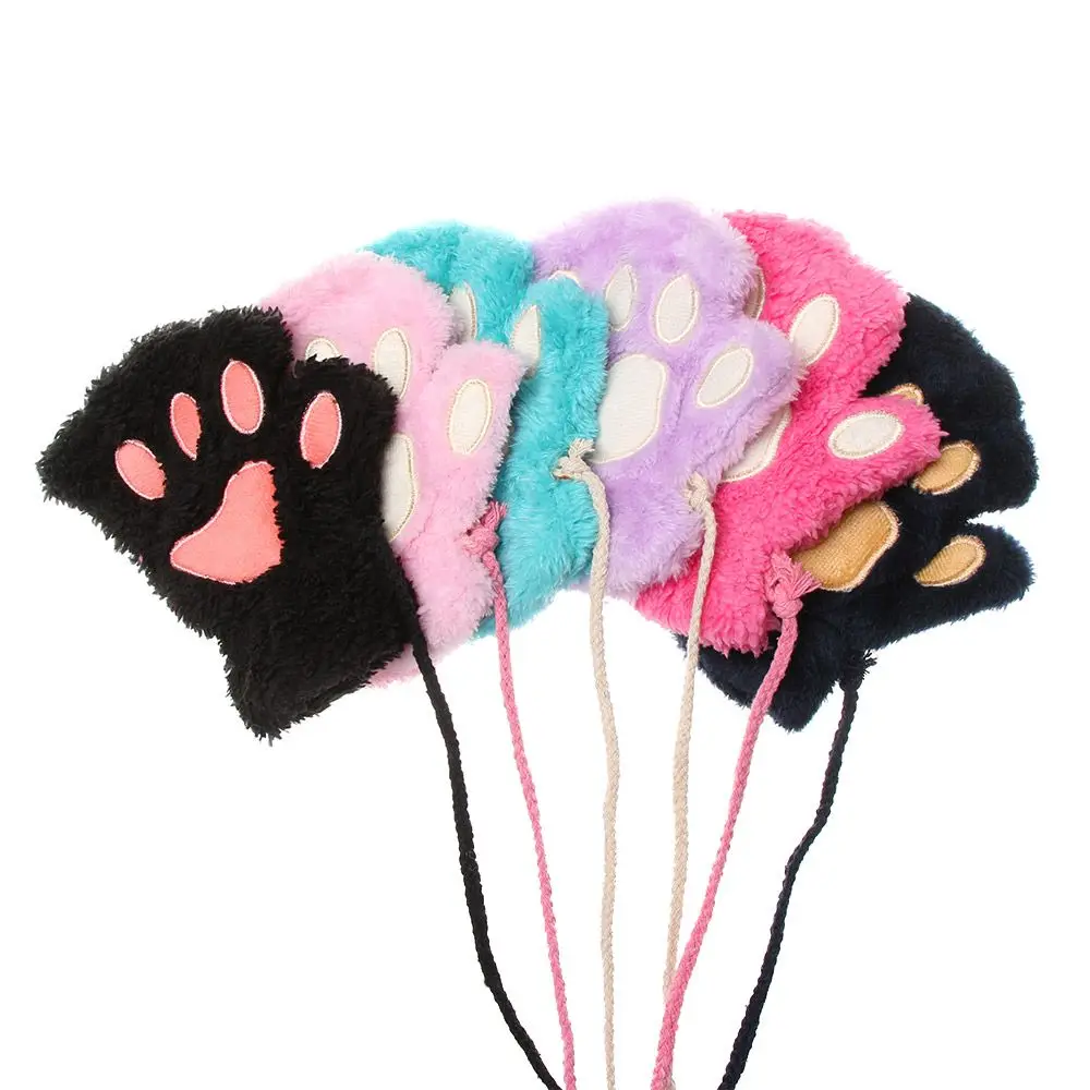 1 Paar Mooie Kat Poot Kinderen Handschoenen Pluizige Warme Pluche Handschoenen Meisje Mode Vingerloze Wanten Handschoenen Winter Warme Accessoires