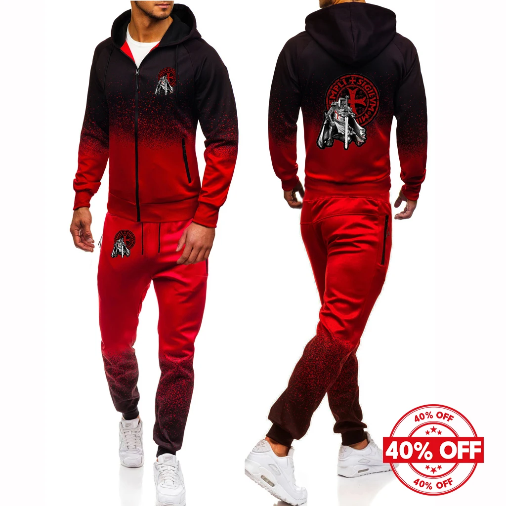 2025 الربيع والخريف رجل فرسان تمبلار نمط شعار طباعة التدرج اللون سستة هوديس + الترفيه Sweatpants طويلة الدعاوى