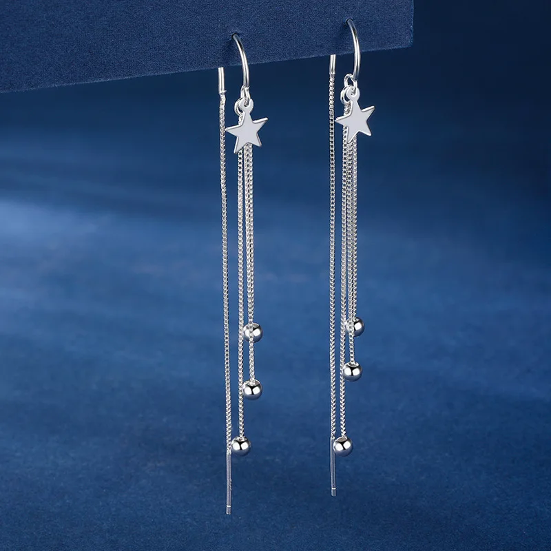Summer New 925 Sterling Silver Star Earrings Long Tassel Round Bead Earrings Women\'s Fashion Jewelry Party Gift