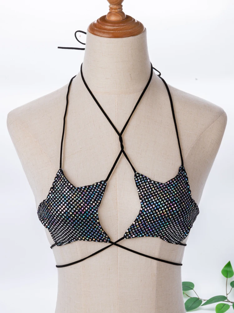 Sexy Women Rhinestone Star Shape Strappy Bra Crop Top Bralette Halter Lace-up Bandage Bra Nightclub Beach Tank Top