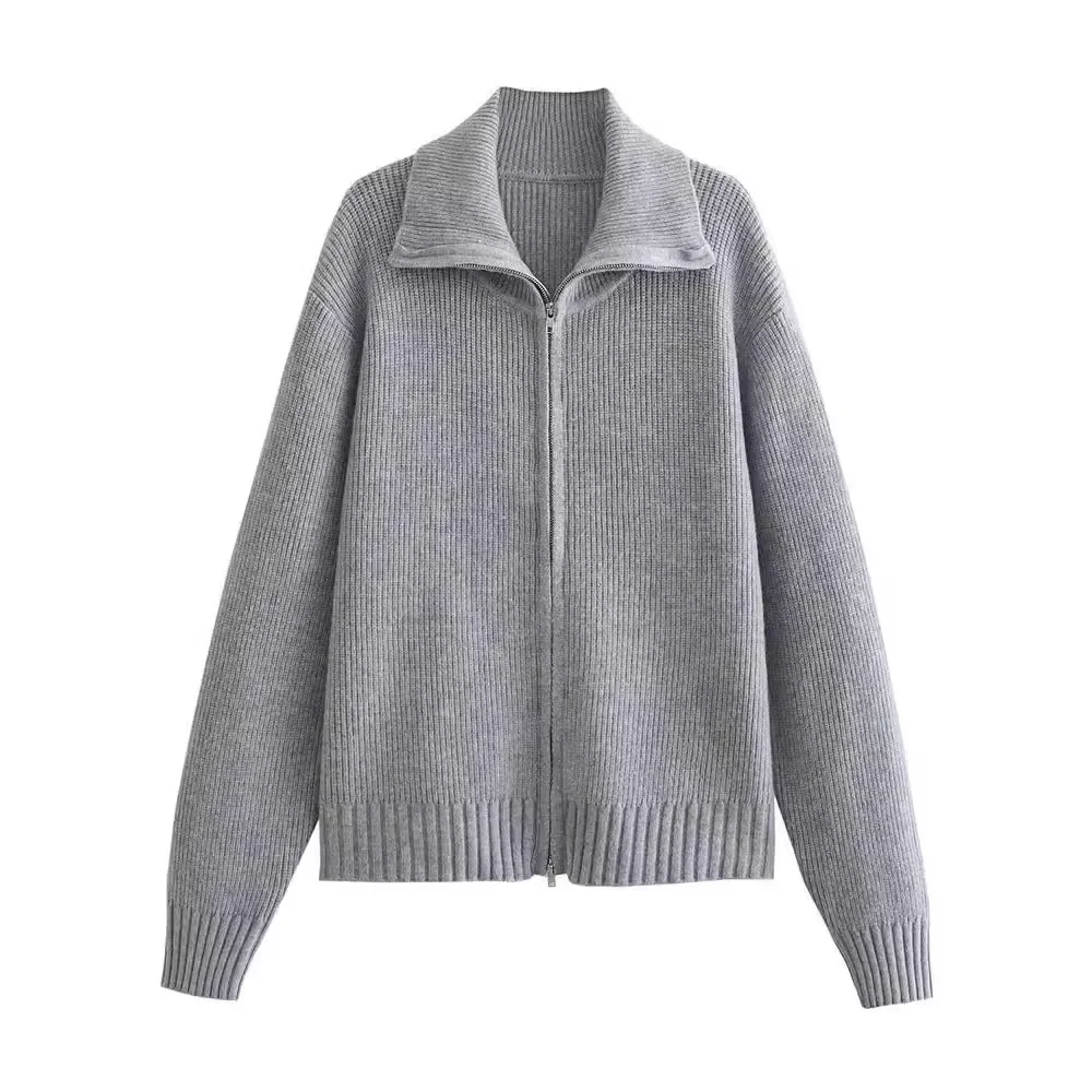 Autumn and Winter Dark Grey Knit Cardigan Double End Zipper Short Top Turndown Collar Coat Women Slim Warm Fashion Knitwear