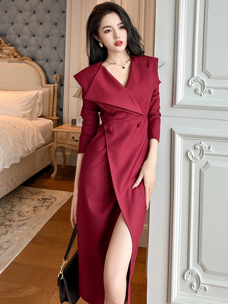 Chic Work Style Business Formal Occasion Dresses For Women Clothing Mujer Ladies Elegant Office Commute Blazer Slim Slit Dress