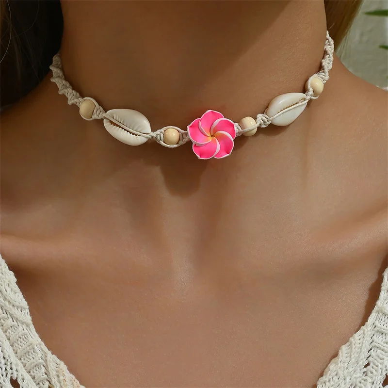 Bohemia Sea Shell Choker Necklace For Women Fashion Summer Sweet Flower Pendant Hand-woven Rope Neck Chain Jewelry Accessory image 2