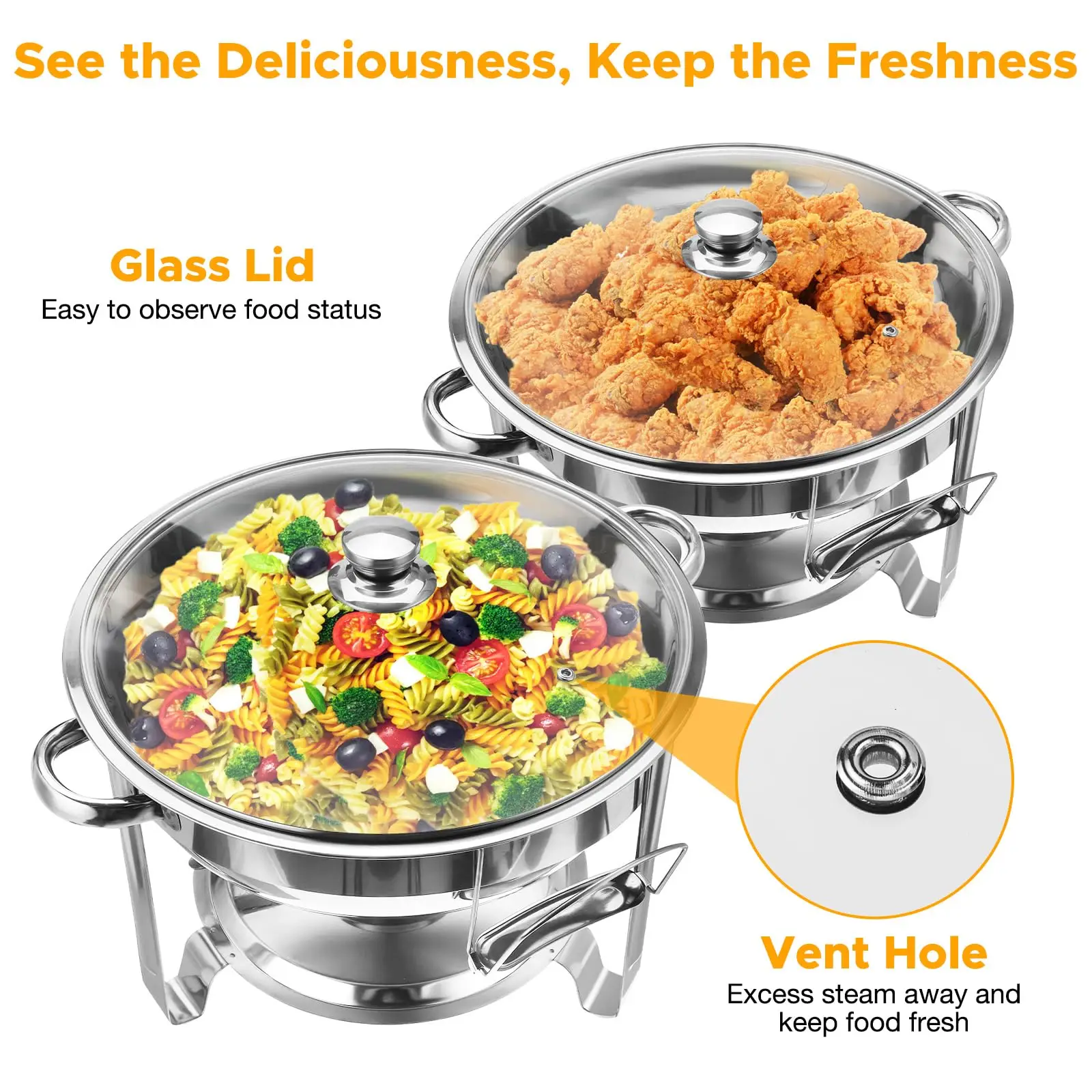 Chafing Dish Buffet Set 2 Pack 5QT Round Chafing Dishes for Buffet with Glass Lid & Lid Holder Stainless Steel Chafers