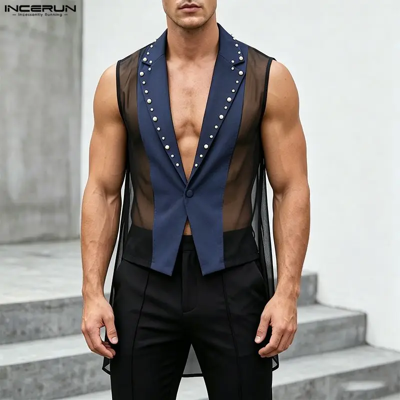 INCERUN Men's Blazer Mesh Patchwork Lapel Sleeveless One Button Male Suit Streetwear See Through Fashion Casual Party Tops Coats