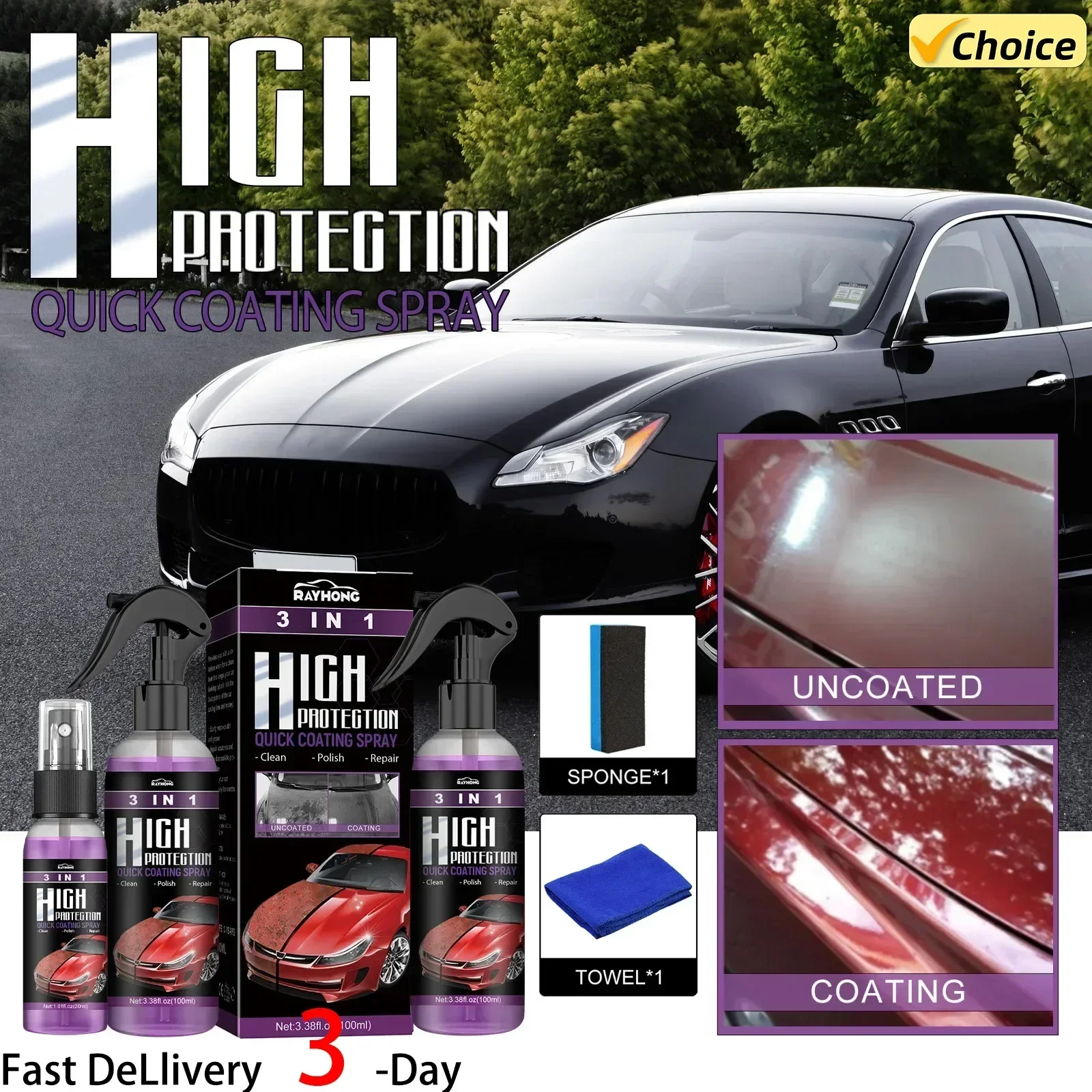 2024 NEW 3 In 1 Rapid Ceramic Coating Fortify Car Wax Polish Spray Hydrophobic Intense Gloss Shine For Glass&Wheels&Paint