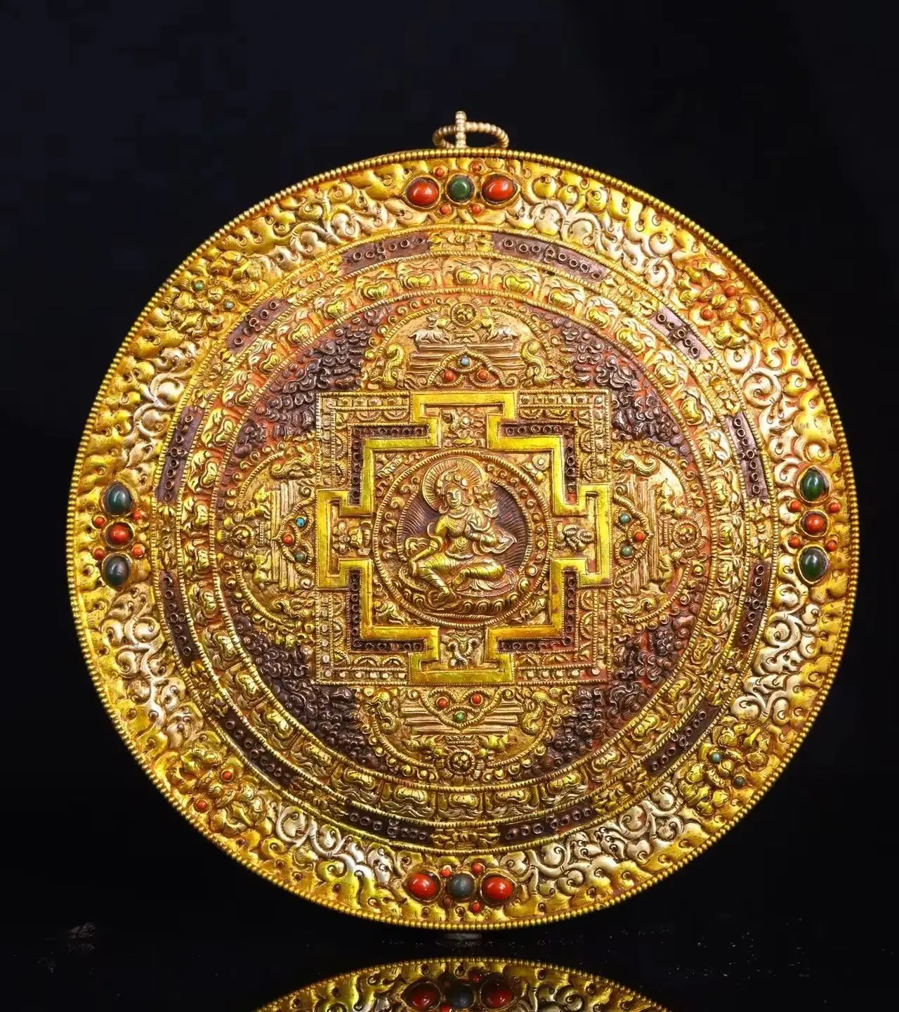 

9"China Collections Old purple Bronze Gilt Mosaic Gem Green Tara Vajra Thangka Yuncheng hanging screen worship buddha
