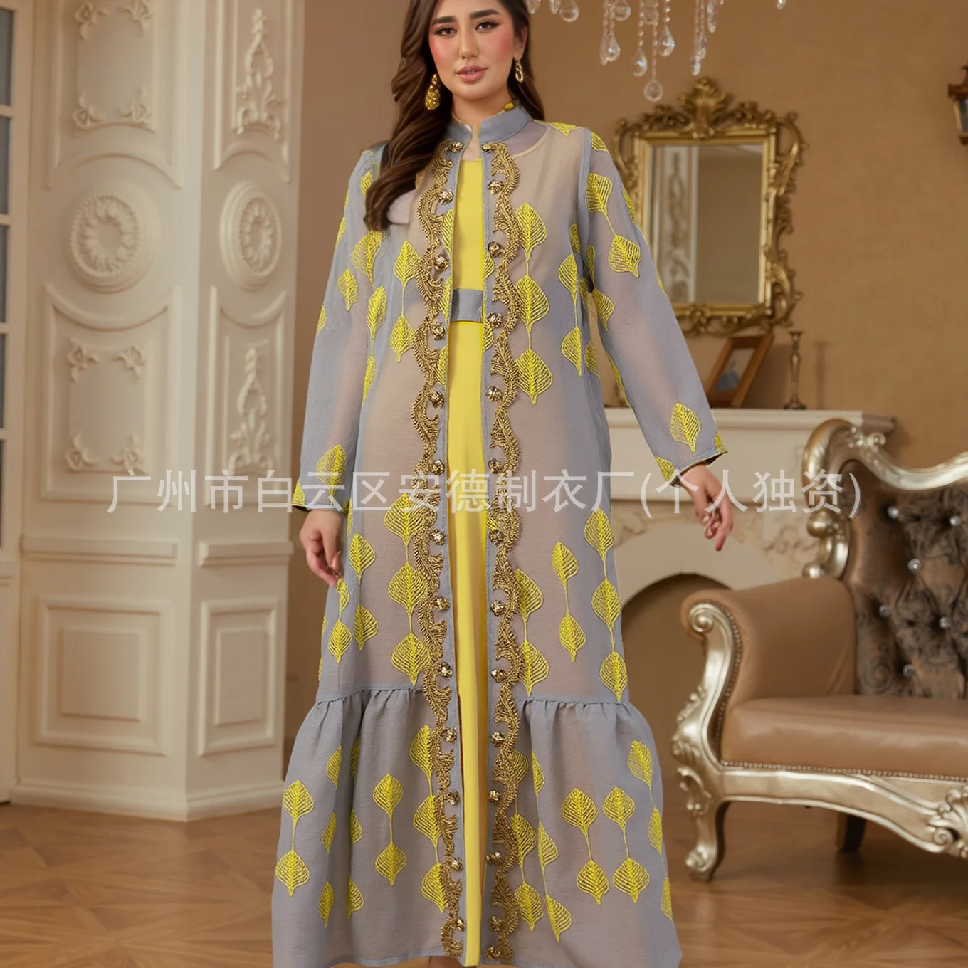 Musilin New Women's Fashion Saudi Fashion Mesh Embroidered Robe Two-piece Set Dubai Belt Ramadan Dubai Luxury Islam Elegant