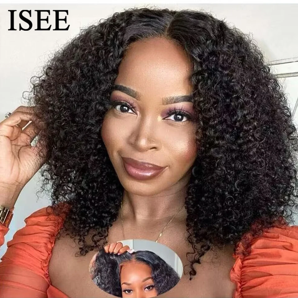 

ISEE Hair Wear Go Short Kinky Curly Wigs Human Hair HD 6x4 Deep Curly Glueless Bob Wig PrePlucked Transparent Lace Front Wigs