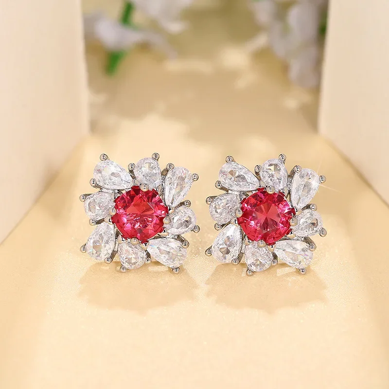 2024 New High End Light Luxury Earrings Pigeon Blood Red Diamond Set with Pear Shaped Water Drop Flower Jewelry Headpiece