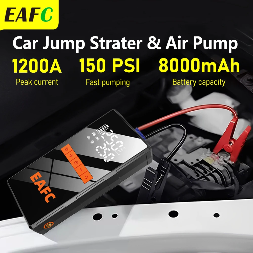 Arrancador de Coches EAFC 1200A, Banco de Energía, Bomba de Aire Portátil de 150 PSI, Dispositivo de Arranque de Emergencia para Baterías de Coche
