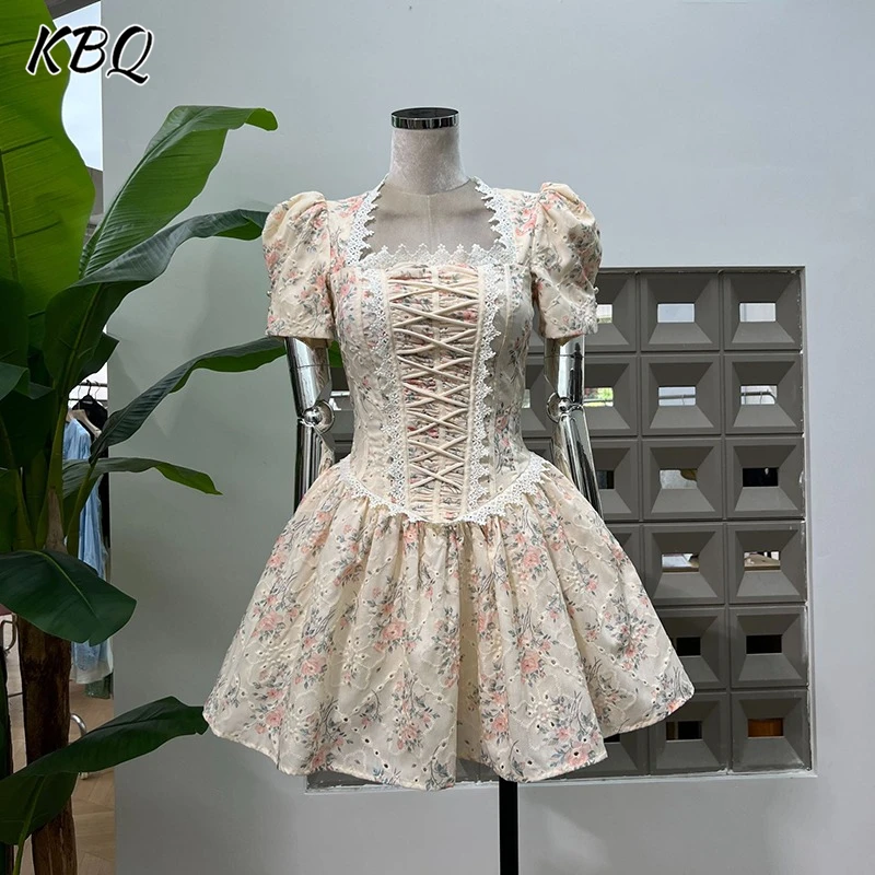 

KBQ Printing Hit Color Spliced Bandage Tunic Dress For Women Square Collar Short Sleeve High Wiast Dress Female Fashion Style