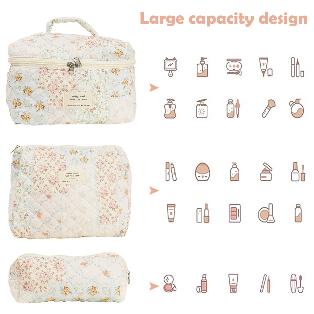 

Женская большая косметичка с цветочным принтом, 3 шт., хлопковая стеганая косметичка на молнии, сумка-органайзер для туалетных принадлежностей, милая дорожная сумка