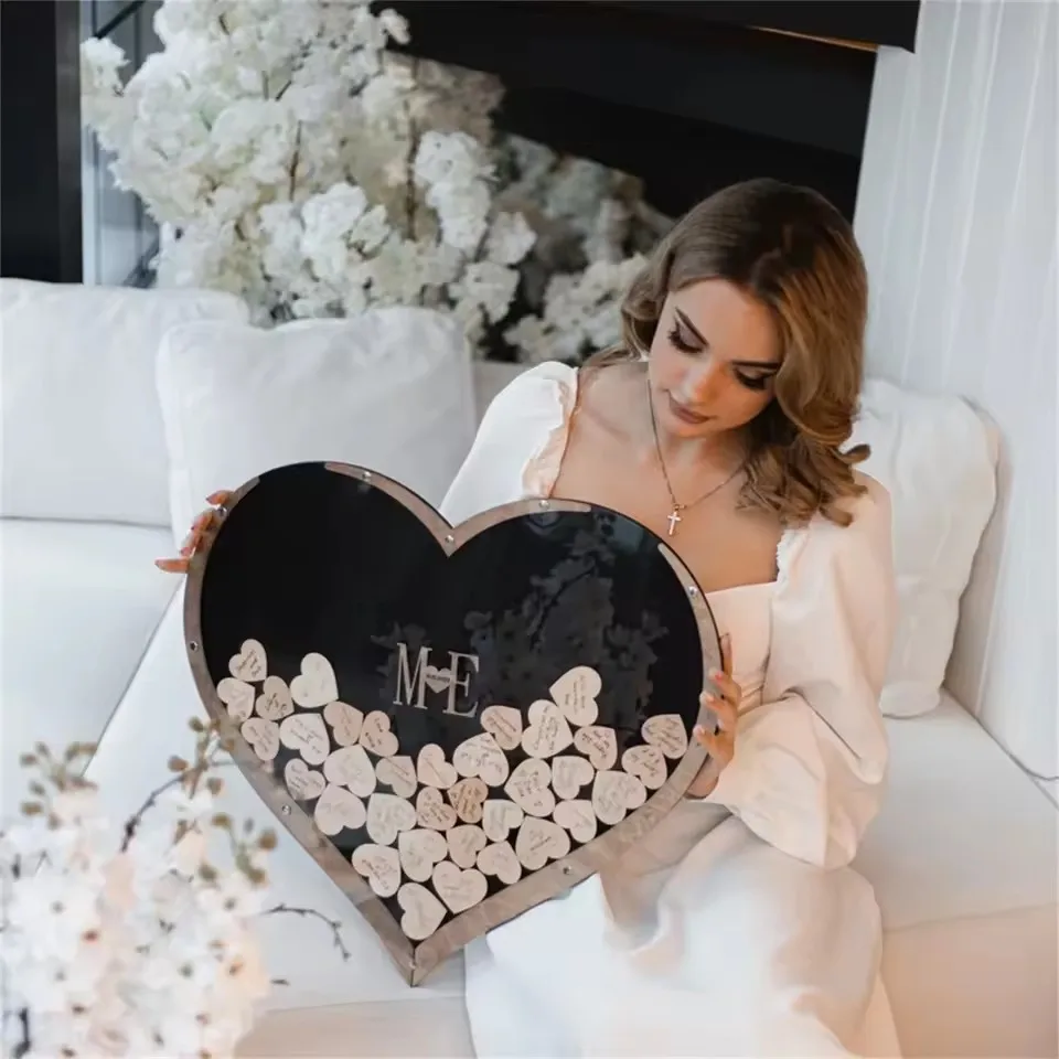 Wedding Guest Book Wooden Sweet Heart-shaped Wedding Guest Book Engraved Transparent Guestbook Weddings Welcome Card Decoration