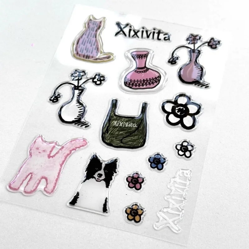 Korean Style Simple Transparent Jelly Stickers Cute Cartoon Small Animal Pet Flower Design Mobile Phone Case Diy