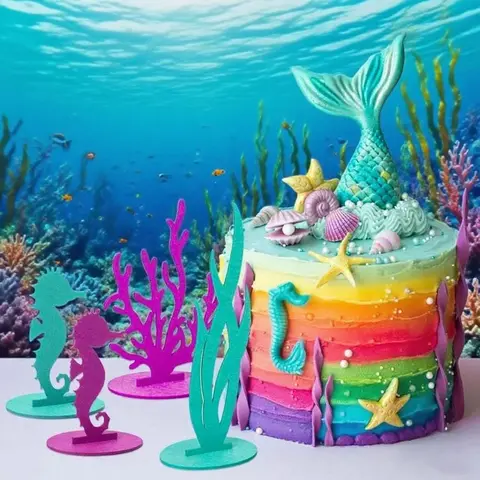 12pcs Little Mermaid Theme Party Decoration DIY Felt Coral Table Ornament Under the Sea Girl Birthday Party Supplies Baby Shower