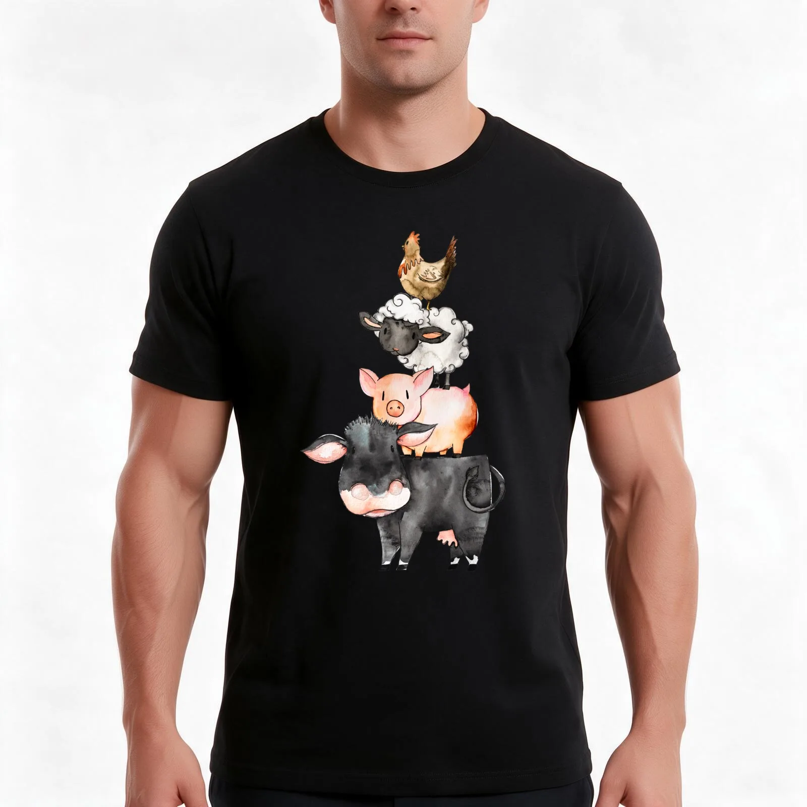 Barn Yard Animal Stack T-Shirt, Summer Casual Cotton Tee, Oversized Streetwear Tops, Vintage Graphic Print, Unisex Men Women
