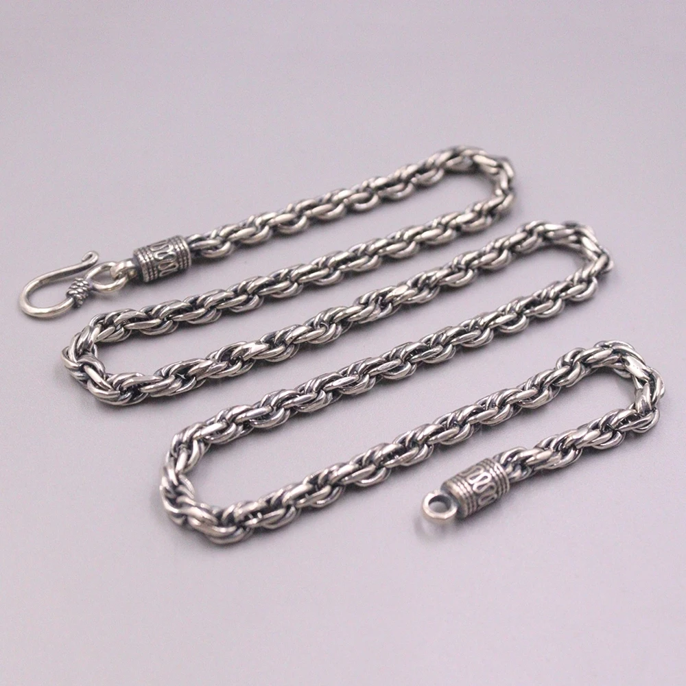 Real Solid 925 Sterling Silver Chain Men Lucky 4.5mm Twist Rope Necklace 42-43g/50cm