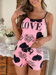 Ropa de dormir con estampado de corazón para mujer, camisola y pantalones cortos, ropa de dormir nocturna, conjunto de 2 piezas, Top cómodo con pantalones cortos