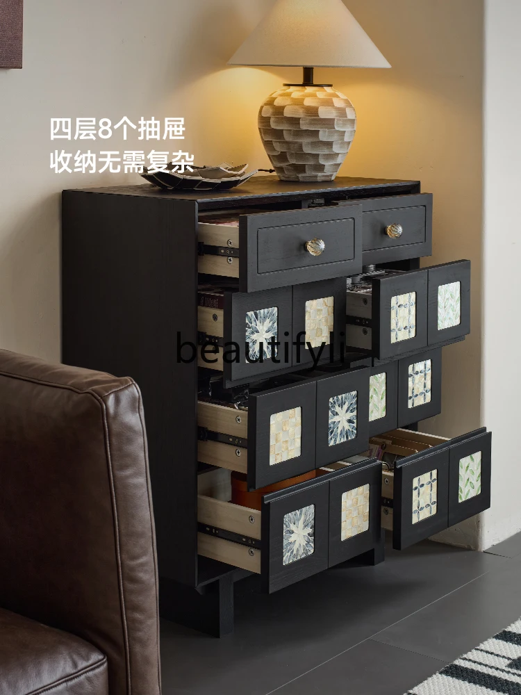 

Light sandalwood retro solid wood eight-bucket cabinet, living room wall locker, sofa, bedroom storage drawer cabinet
