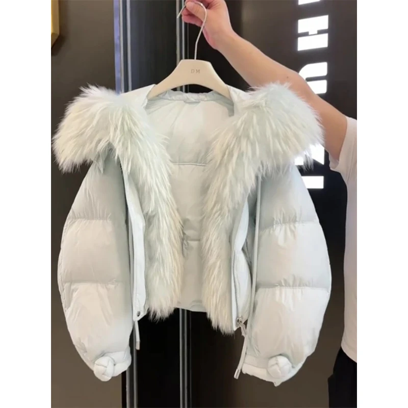 

Korean Sle Women's Hooded Cotton Jaet Fur Collar Slimming Trendy Top Long Sve Zipper Closure Color Winter Coat