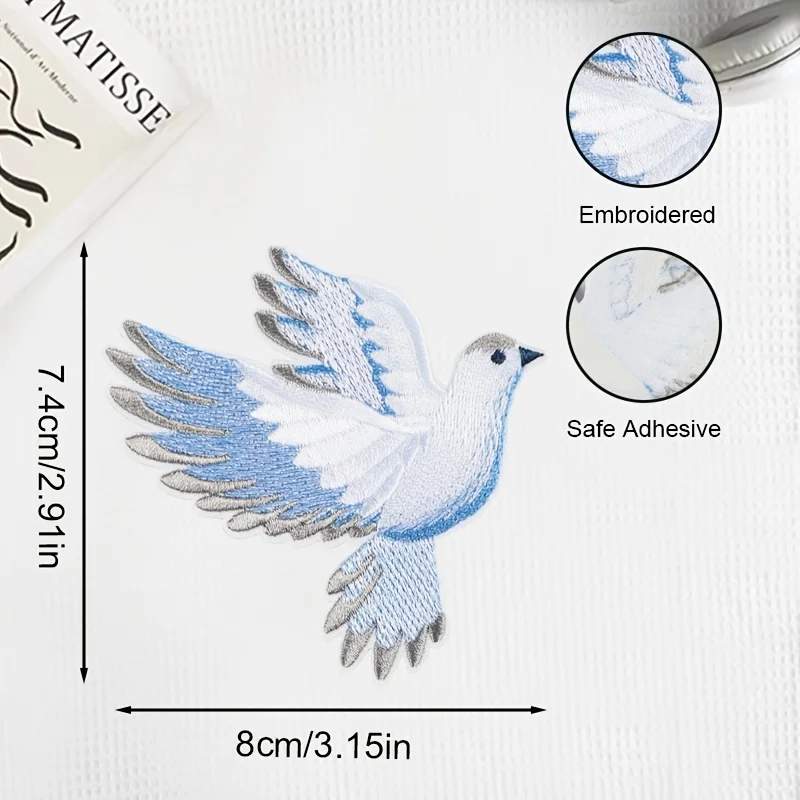 1pc blue-white gradient dove embroidery patch, iron-on badge suitable for jackets, hats, and hoodies, a meaningful creative gift view 2
