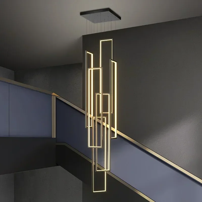 Nordic Luxus Geometrische LED Kronleuchter Treppe Villa Duplex Kreative Schwarz Gold Hängen Lampen Dachboden Wohnzimmer Beleuchtung Dekor