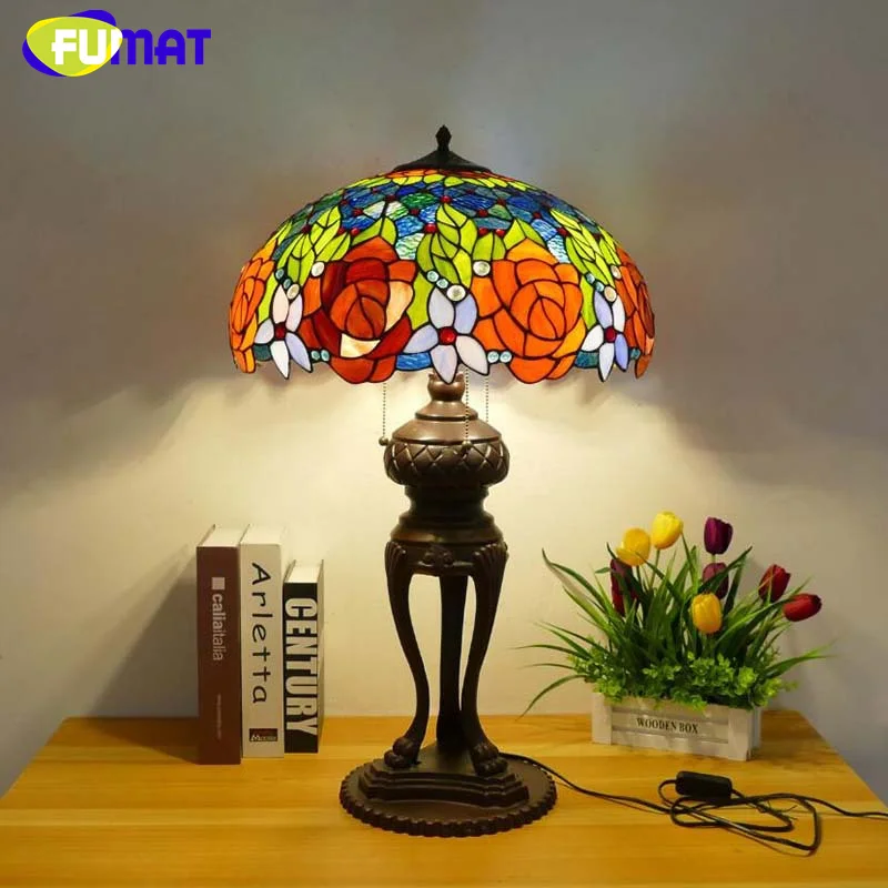 FUMAT Tiffany style stained glass 18 inch American vintage desk lamp for living room bedroom dining room cafe LED decor