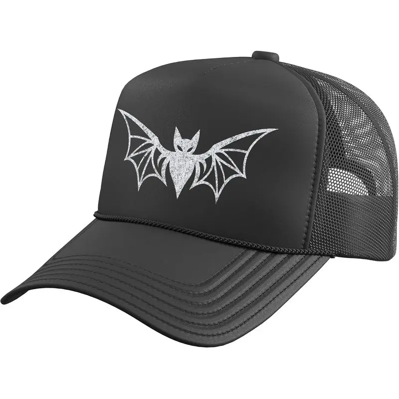 Distressed Bat Silhouette Gothic Halloween Horror Design Trucker Hat with Adjustable Mesh Back