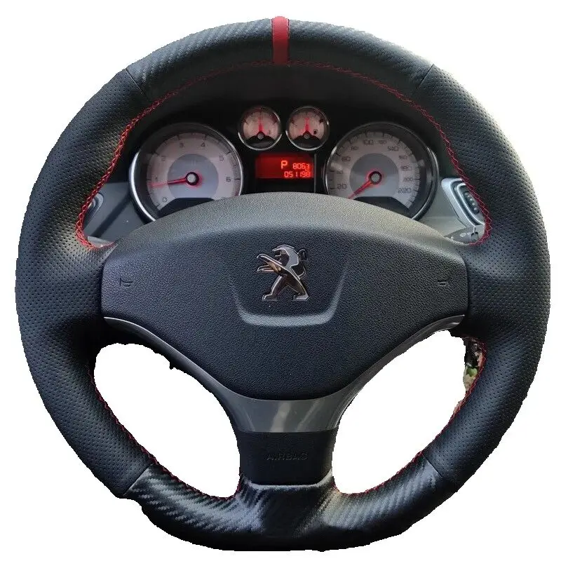 

100% подходит для 308 408X 508L 2008 5008, прошитый вручную черный чехол на руль автомобиля из натуральной кожи из углеродного волокна