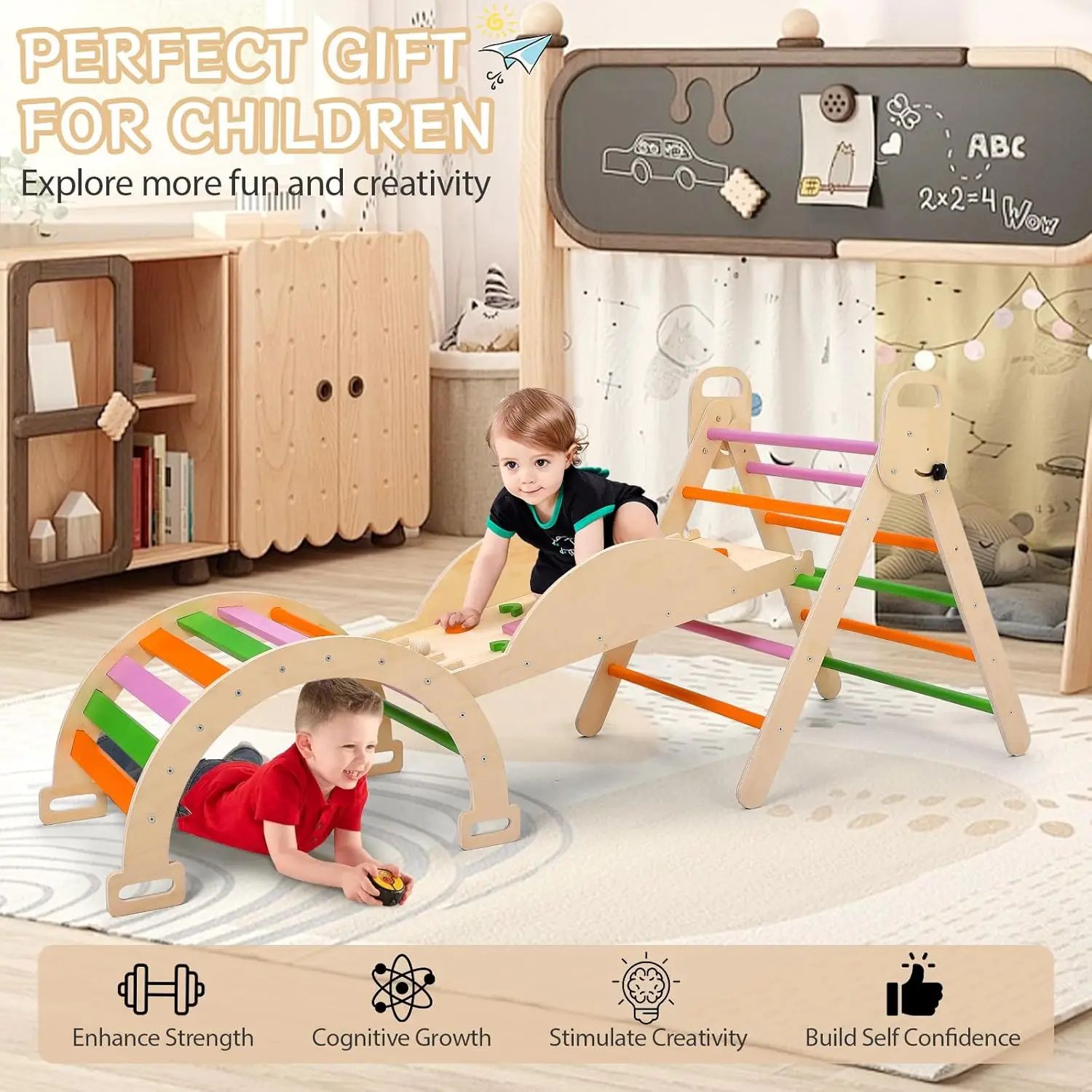 مجموعة مثلث خشبية 9 في 1 للأطفال الصغار ألعاب تسلق كبيرة مجموعة تسلق مع قوس ومثلث ولعبة الكرة والدبابيس والمتأرجحة #3