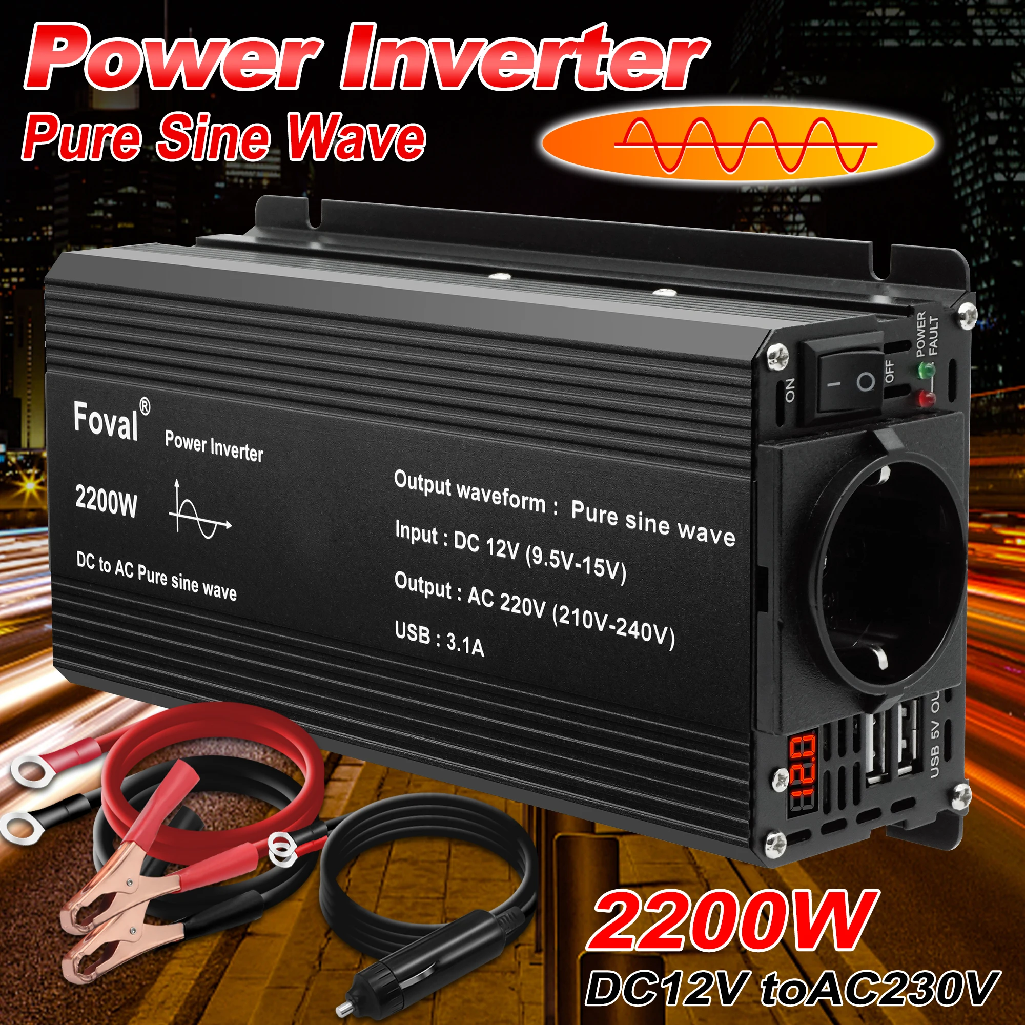 순수 사인파 컨버터 어댑터, 12V 자동차 인버터, DC12V ~ AC220V, 2200W 전압, 고전력 자동차 공급, 휴대용 인버터