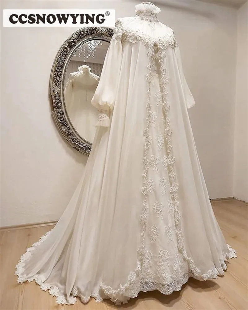 Fashion Chiffon Appliques Muslim Wedding Dresses Long Sleeve High Neck Islamic Bridal Gown Arabic Dubai Vestidos De Novia