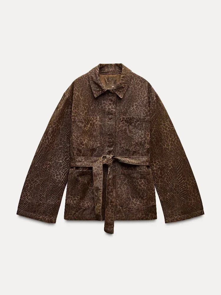 Dámský kabát s leopardím potiskem, džínový, jednořadý, s opaskem, módní klopa s dlouhým rukávem, kapsy, bundy, podzimní elegantní dámské svrchní oblečení - náhled 5